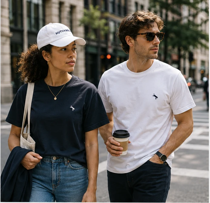 Navy and white heavyweight Hutch tees worn in the city