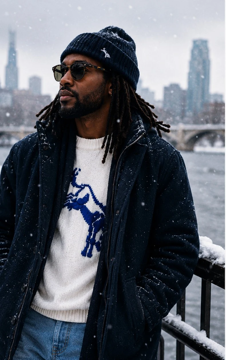 Hutch navy knit beanie worn in winter